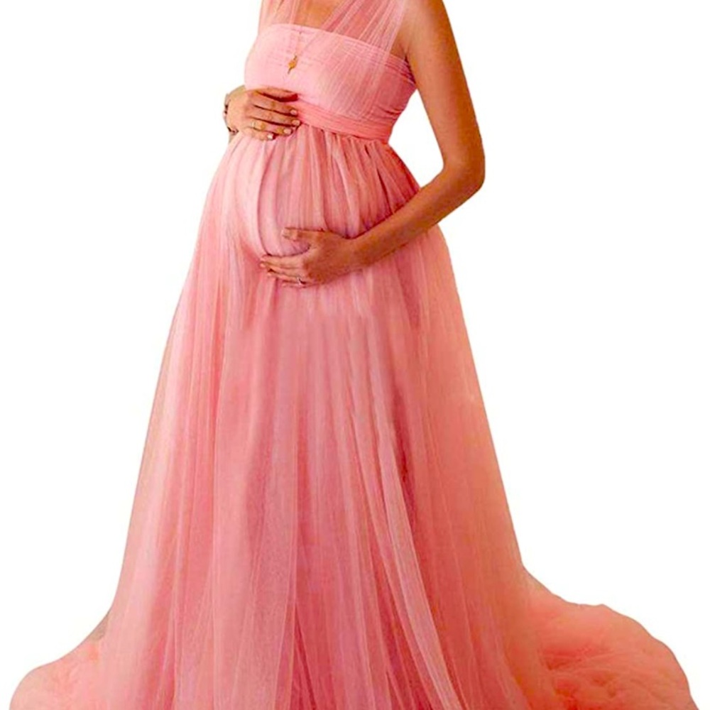 Pink tulle maternity convertible multi-way wrap dress, on or off the shoulder.